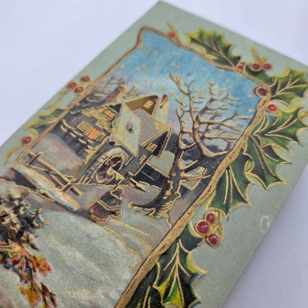 Antique 1909 Christmas Postcard‎ Embossed Holly Winter Cabin Scene